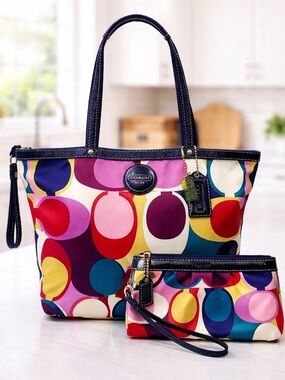 Coach F15183 Signature Scarf Print Bright Multicolor Satin Tote 2010 & wristlet
